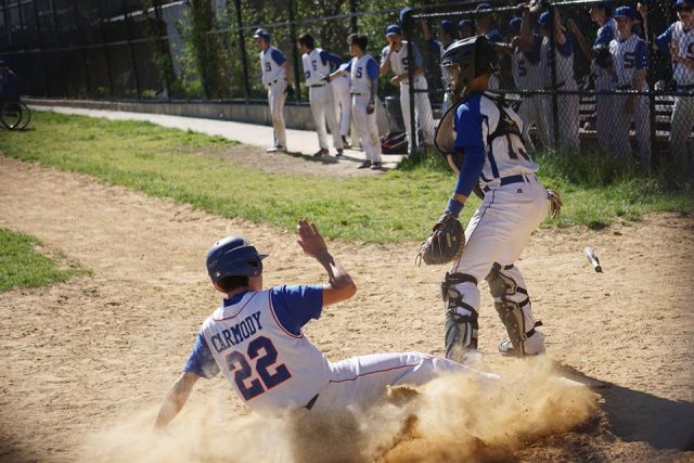 Simon Carmody, pinch-running for Jack Archer who doubled, scores on a single by Dean Steinman