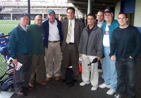 L-R: Stephen Franciosa '68, Lou Digilio '76, Coach Sharkey, George Raikos '81. Alan Fisher '70, Michael Whitman '87, Art Horowitz '53, Ian Berger '94