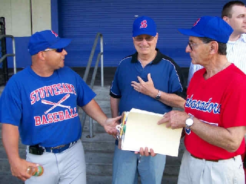 L-R Coach John Carlesi, Art Horowitz ('53), Joe Levine ('54) at Pier 40.