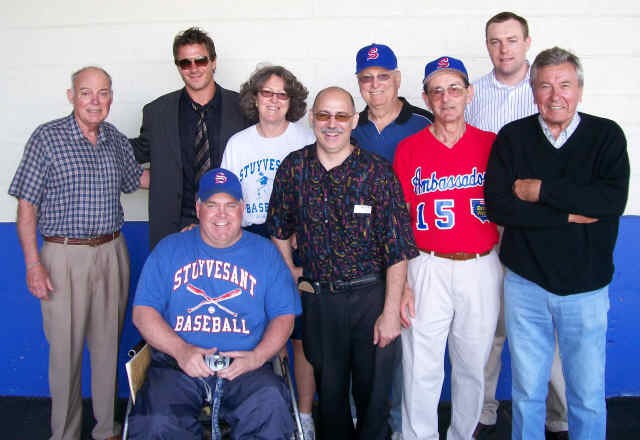 Back - Coach Charles Sharkey, Eric Bellucci ('98), Stuy Athl. Dir. Martha Singer, Art Horowitz ('53), Tim Nikol ('99) Front - Coach Matt Hahn, Lou Digilio ('76), Joe Levine ('54), Milo Misut ('49)