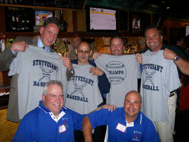 Back: Tom Dyevich '77, Lou Digilio '76, Jeff Shikowitz '77, Bill Sablesak '76; Front: current Coaches Matt Hahn, John Carlesi